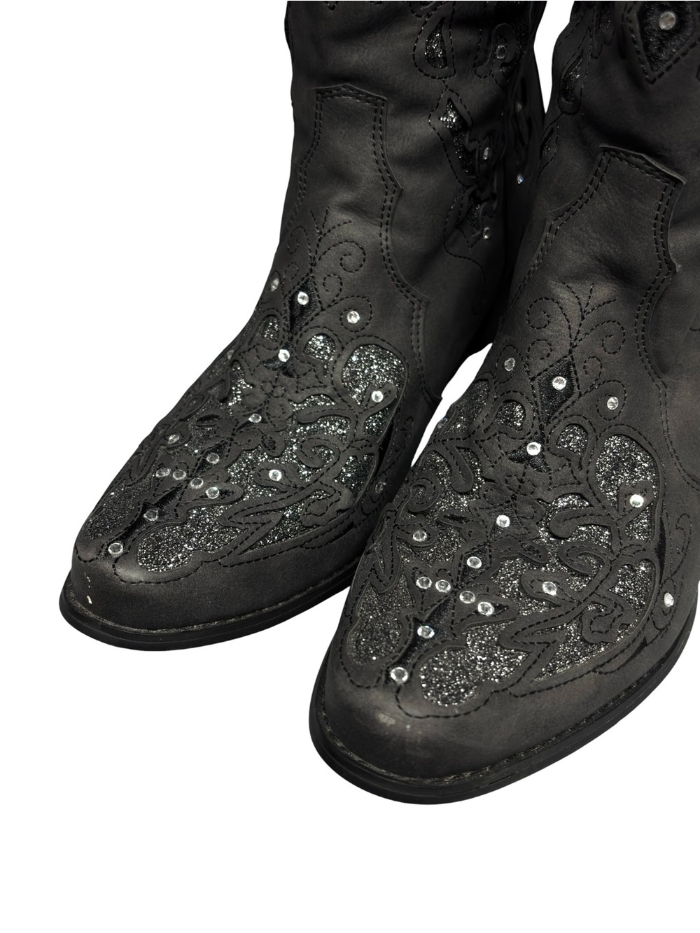 Gray Rhinestone Studded Glitter Inlay Knee High Cowboy Boots - Picture 7 of 7